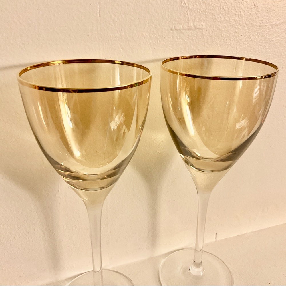 Anthropologie Gold Rim Iridescent Amber Wine Glasses 9.25” Set of 2 - Picture 3 of 6